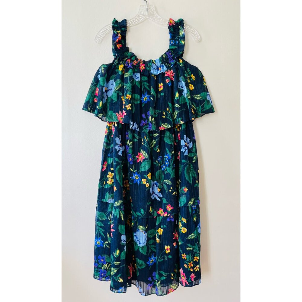 Club Monaco Sz S Blue Oversized Silk Lined Tiered Floral Stretch Midi Tank Dress